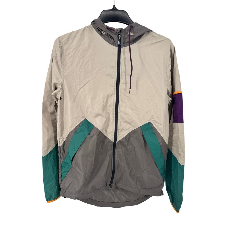 Without Walls Mens XS Colorblock Hooded Windbreaker Jacket Tan Grey Teal‎ Purple